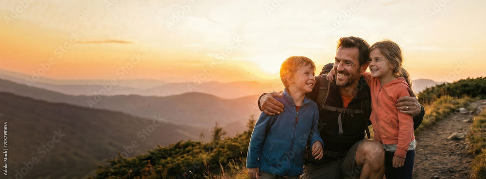 Obraz premium Father with daughter and son hiking in mountain at sunset. Happy parent hugging child on nature trail during Fathers Day. Family leisure, summer adventure, bonding. Banner with copy space