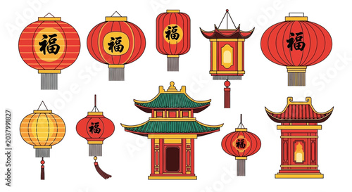 Foto Set of Traditional Chinese Lanterns and Architectural Elements