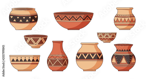 Foto Set of Ancient Tribal Pottery Vessels and Clay Bowls