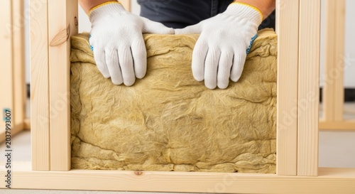 Construction worker installing yellow insulation material inside a wooden frame wall for energy efficiency.