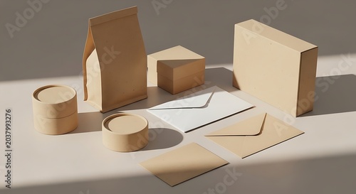Stationery set including envelopes and paper boxes rests on a desk to present a high-end corporate identity design kit.
