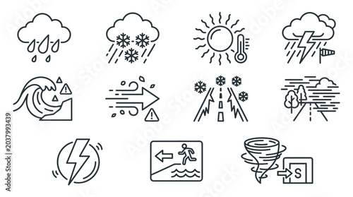 Clean outline vector icon collection of public safety weather warnings  caution rain cloud  emergency snowstorm  dangerous heatwave  severe thunderstorm icon  coastal storm surge alert  emergency wind