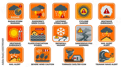 Modern flat emergency weather alert icon collection with 12 icons  radar storm warning  emergency siren cloud  lightning strike alert  cyclone danger  heatwave emergency  flood evacuation symbol  snow