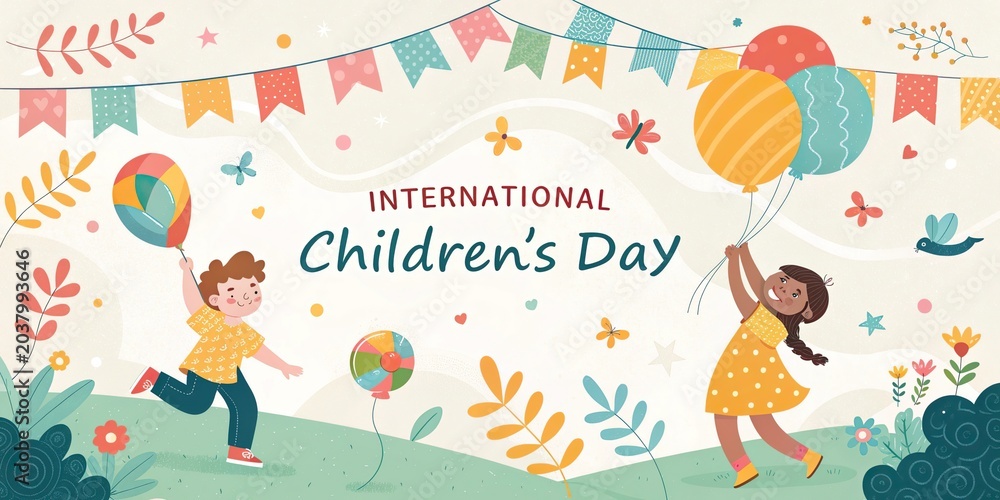 Obraz premium International Children Day celebration with happy kids balloons and festive decorations