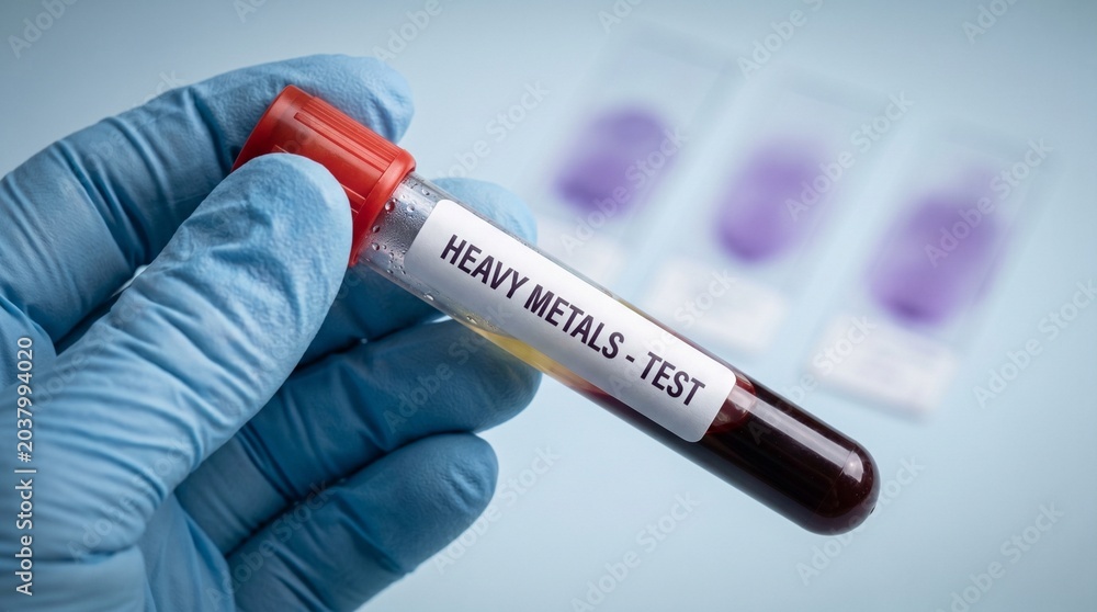 Obraz premium Gloved hand holding vacutainer for heavy metals blood testing over blurred background of microscopic samples for clinical diagnosis and environmental exposure screening in clinic.
