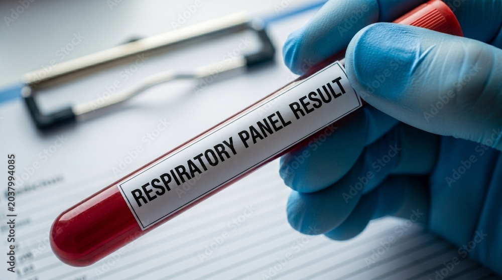 Obraz premium Medical laboratory technician holding blood collection tube for respiratory panel result analysis over clinical paperwork and clipboard in healthcare facility for patient care.