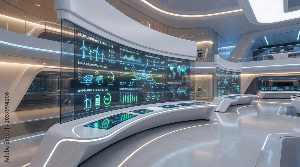 Obraz premium Futuristic Command Center with Large Interactive Glass Screen Displaying Green Energy Data and Smart City Analytics in Modern High-Tech Office