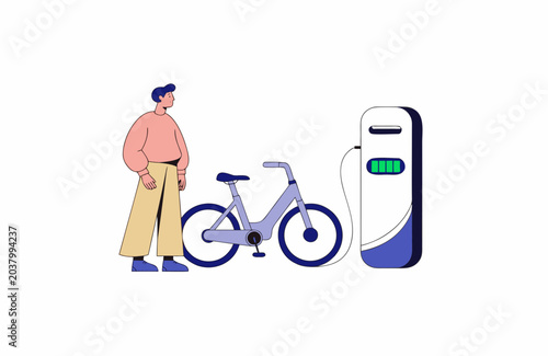 Man standing next to electric bike charging station with bicycle  