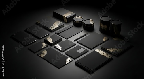 Branding materials consist of black paper goods and containers decorated with gold textures to create a cohesive and luxurious identity for high-end retail products and corporate marketing needs.