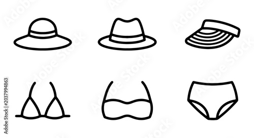 Foto Summer Beachwear Icons: Hats, Bikinis, Sun Visors, Swimwear Vector Set