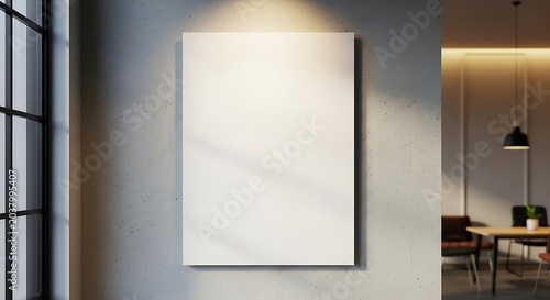 Empty rectangular frame mounted on a grey wall illuminates with soft overhead lighting.