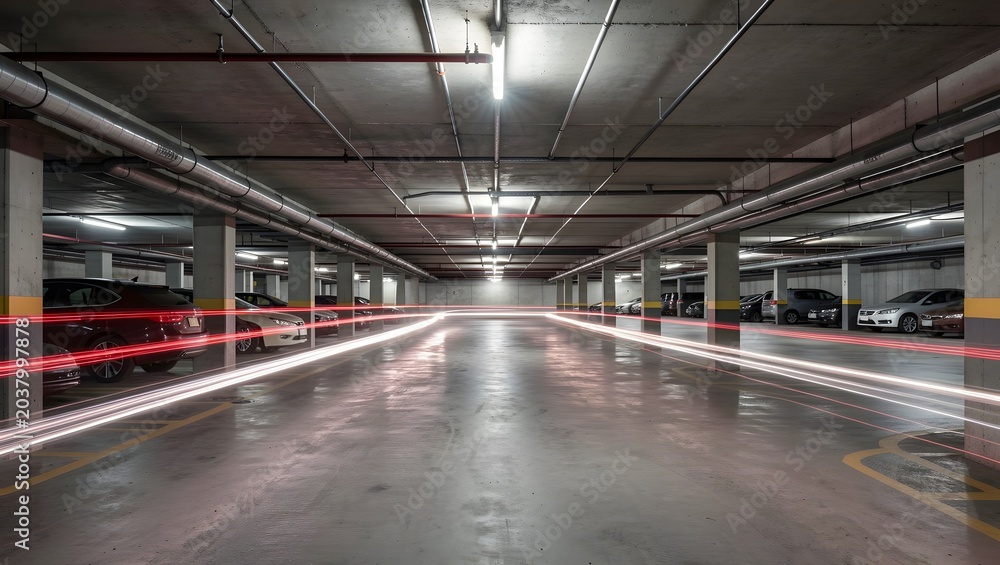 Naklejka premium Underground parking garage with light trails