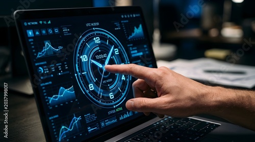 Human hand interacting with a sleek laptop screen, featuring a futuristic blue dashboard displaying real-time data, and a dynamic clock for advanced data analysis and technological insights