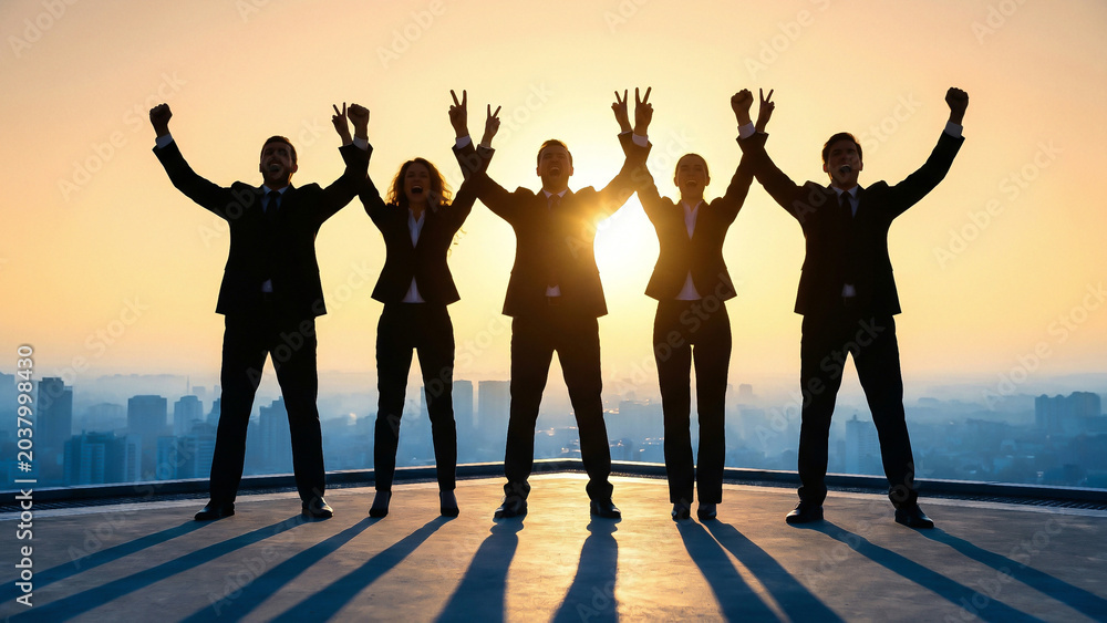 Fototapeta premium Radiant Golden Sunset Silhouette of Cheering Business Team Raising Arms Toward Success and Teamwork Perfect for Corporate Advertising Recruitment and Motivational Presentation Visuals