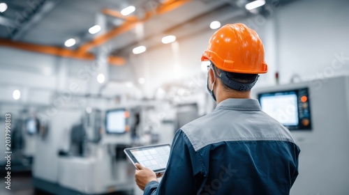 Industrial engineer monitoring automated production line with tablet in modern factory. Manufacturing specialist supervising machinery and industrial workflow in high-tech facility