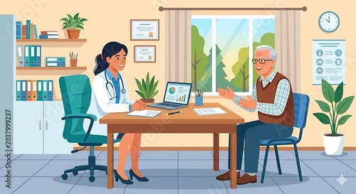 Flat vector illustration of female doctor consulting elderly Caucasian man in clinic for preventive healthcare