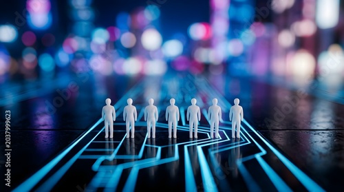 Digital human network navigating a glowing circuit board, symbolizing collaborative progress in a futuristic urban tech environment