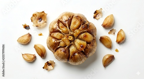 Photorealistic roasted whole garlic bulb and cloves on white background