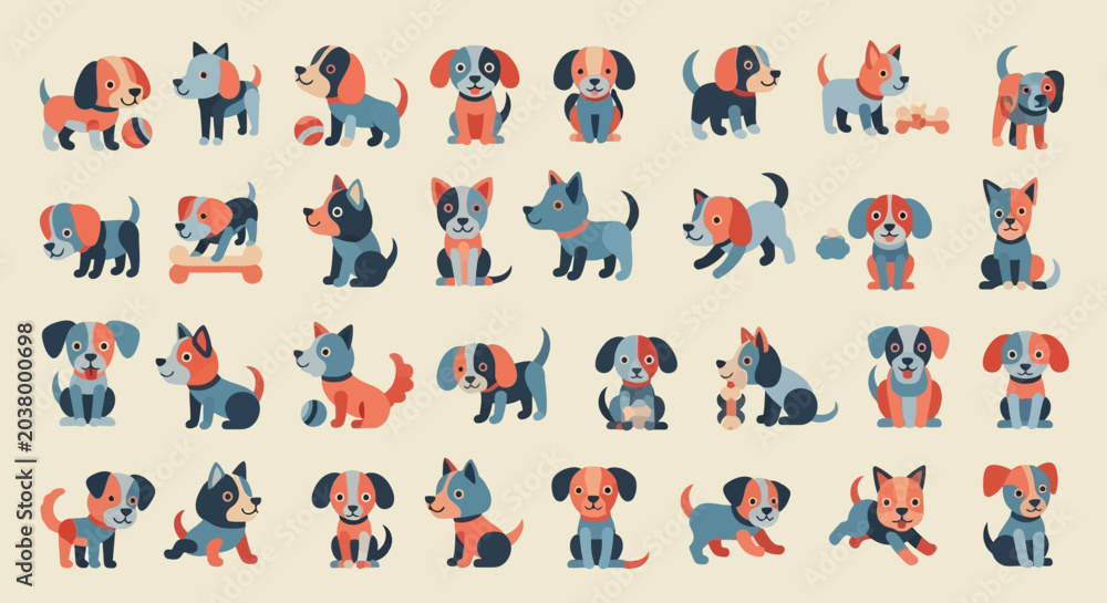Fototapeta premium Cute Cartoon Puppy Set Vector Illustration