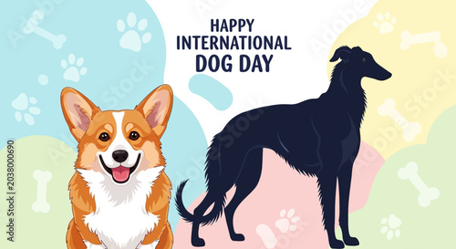 Happy International Dog Day Illustration with Corgi and Greyhound