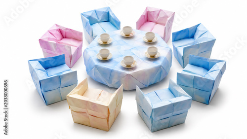 Folded Paper Tea Meeting Table with Colorful Origami Chairs