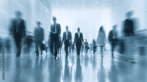 Motion blur of business people walking in a modern office lobby, corporate crowd commuting in high-speed rush hour