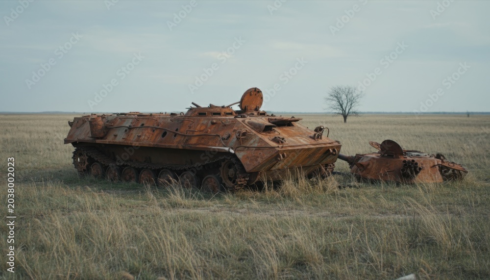 Fototapeta premium Rusting Tank Remnant in Open Prairie Field.