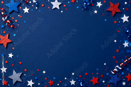 Patriotic Blue Background with Stars and Confetti Border for Independence Day Celebration