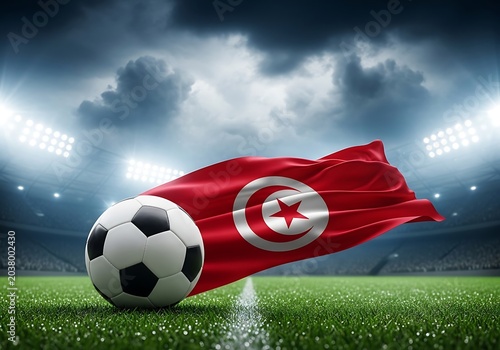 Tunisia national flag waving behind a classic soccer ball on a professional stadium pitch