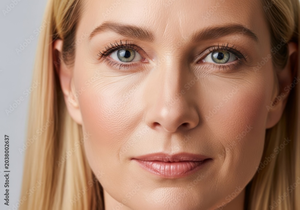 Obraz premium Close up portrait of elegant facial features showing refined maturity and glowing skin with subtle textures and a natural radiant finish, clarity, neutral, studio