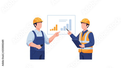 Construction Engineers and Project Managers Analyzing Performance Data on a Bar Chart. Flat Vector Illustration of Industrial Teamwork and Strategic Planning.