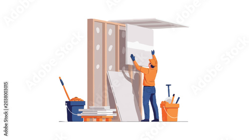 Professional Construction Worker Installing Drywall Sheets on Wooden Wall Frame, Vector Illustration for Home Renovation and Interior Design Services