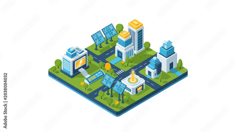Fototapeta premium 3D Isometric Green Smart City Illustration with Solar Panels, Sustainable Infrastructure, and Renewable Energy Technology