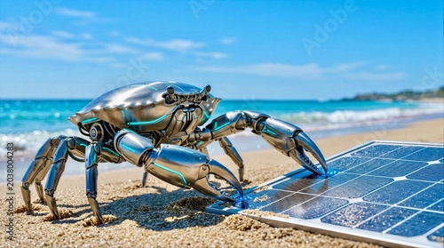 Robot crab recharging on solar panel at beach during sunny day near ocean waves and sand