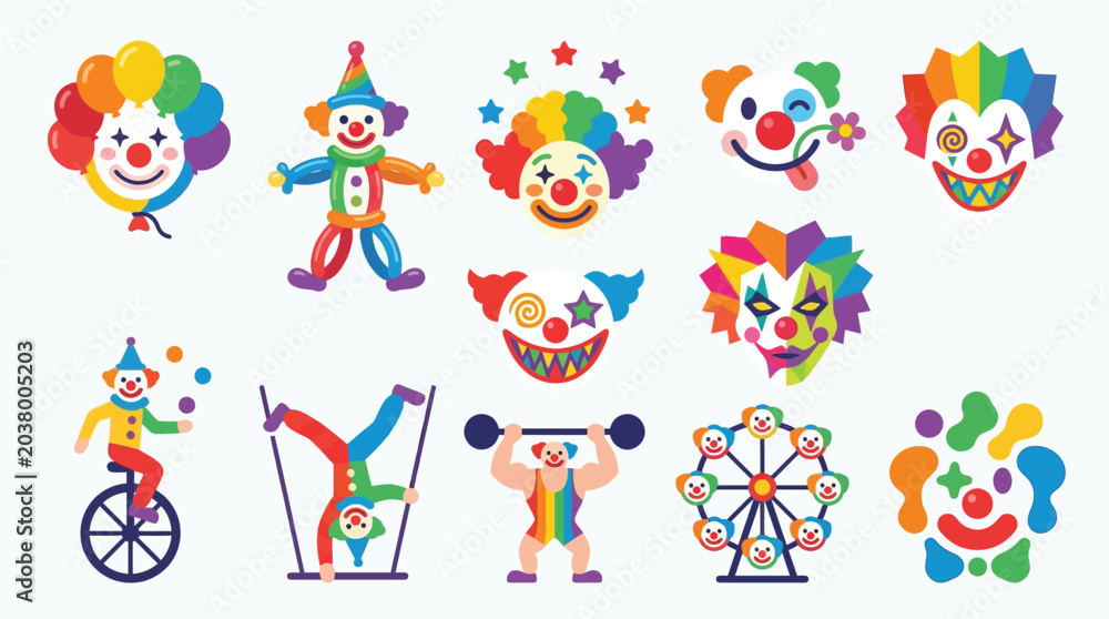 Fototapeta premium Collection of colorful clown illustrations, including circus performers, faces, and carnival elements.