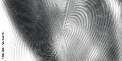 Foto Abstract flowing wave pattern composed of numerous small black dots on a white b