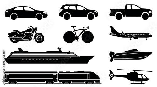 Transportation Vehicles Silhouette Set Car Airplane Ship Train Black White Icon Graphic