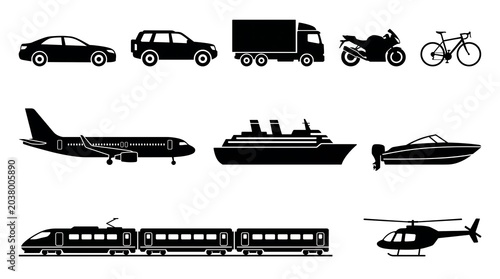 Transportation Vehicles Silhouette Set Car Airplane Ship Train Black White Icon Graphic