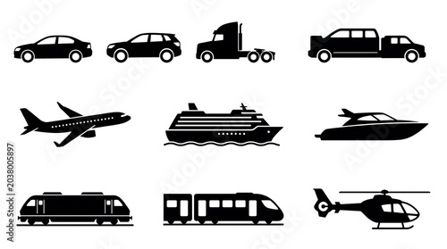 Transportation Vehicles Silhouette Set Car Airplane Ship Train Black White Icon Graphic