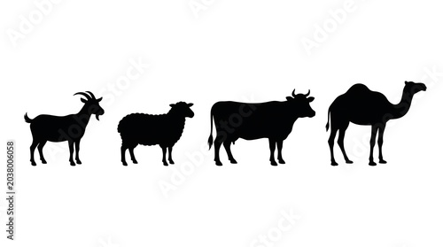 Qurbani Animals Silhouette Set Goat Sheep Cow Camel Black White Eid al-Adha Islamic