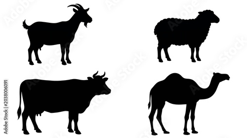 Qurbani Animals Silhouette Set Goat Sheep Cow Camel Black White Eid al-Adha Islamic