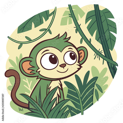 Canvas Print Cute monkey character peeking through jungle leaves and vines with tropical char
