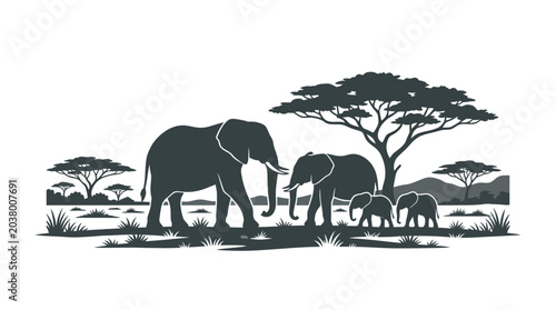 Canvas Print A family of African elephants walking together in a savanna landscape