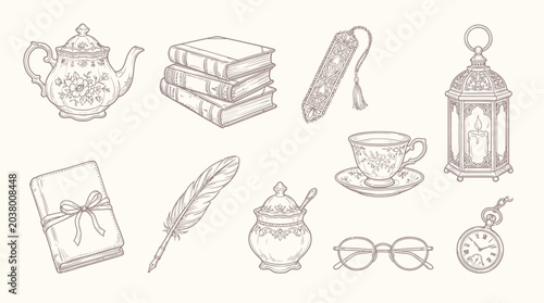Fotografía Collection of vintage objects including a teapot, books, bookmark, lantern, and writing tools