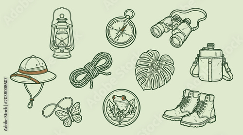 Canvas Print Collection of safari and adventure equipment, including a hat, binoculars, compass, boots, and lantern