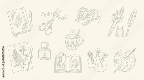 Fotografía Collection of delicate hand-drawn illustrations featuring journaling, crafting, and artistic supplies with a botanical theme