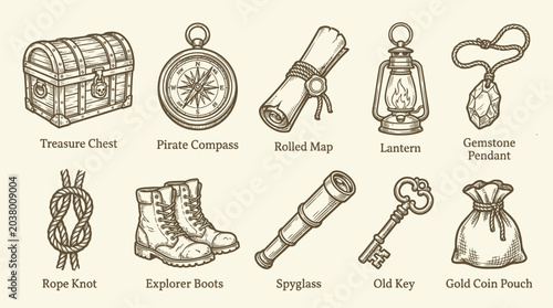 Photos Collection of pirate and explorer themed adventure items, including a treasure chest, compass, map, and lantern