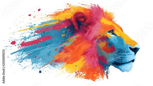 Graffiti style paint lion head silhouette with colorful vibrant mane, liquid dye, splashes, stripes, drops, brush strokes. Dirty decorative modern design. Lion portrait. Isolated on white background.
