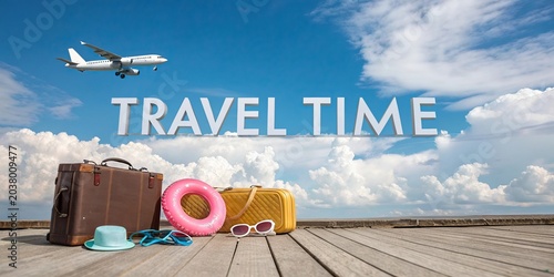 Summer beach travel scene with suitcase hat and flip flops vacation concept