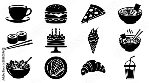Food Drink Silhouette Icon Set Coffee Burger Pizza Sushi Cake Restaurant Menu Graphic